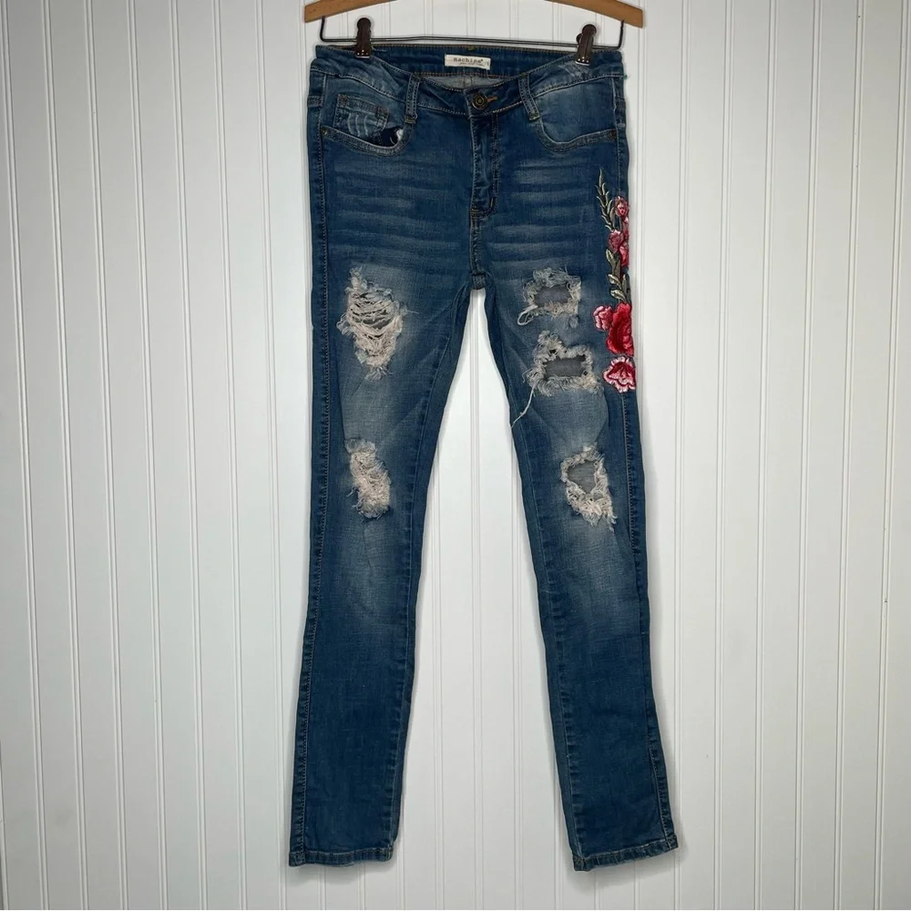 Machine Rose Embroidered Ripped Torn Skinny Jeans - Picture 2 of 9